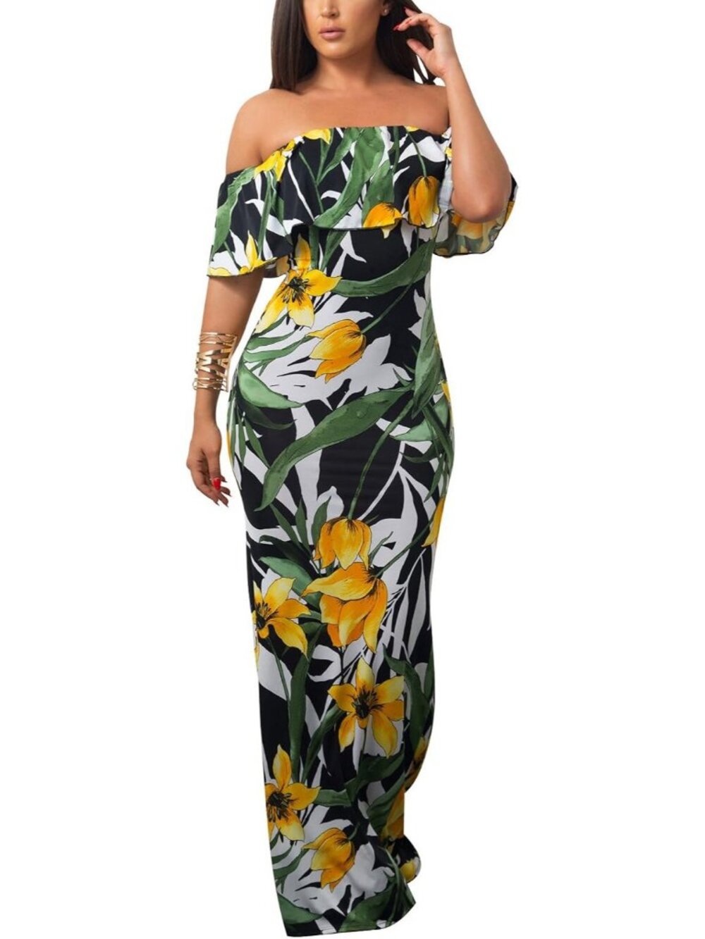 Women's Dark Green Ruffle Plain Floral Printed Off Shoulder Bodycon Long Maxi